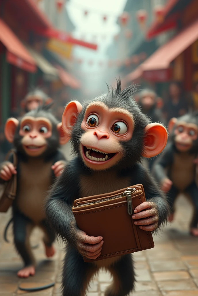 Several monkeys stealing wallets from humans