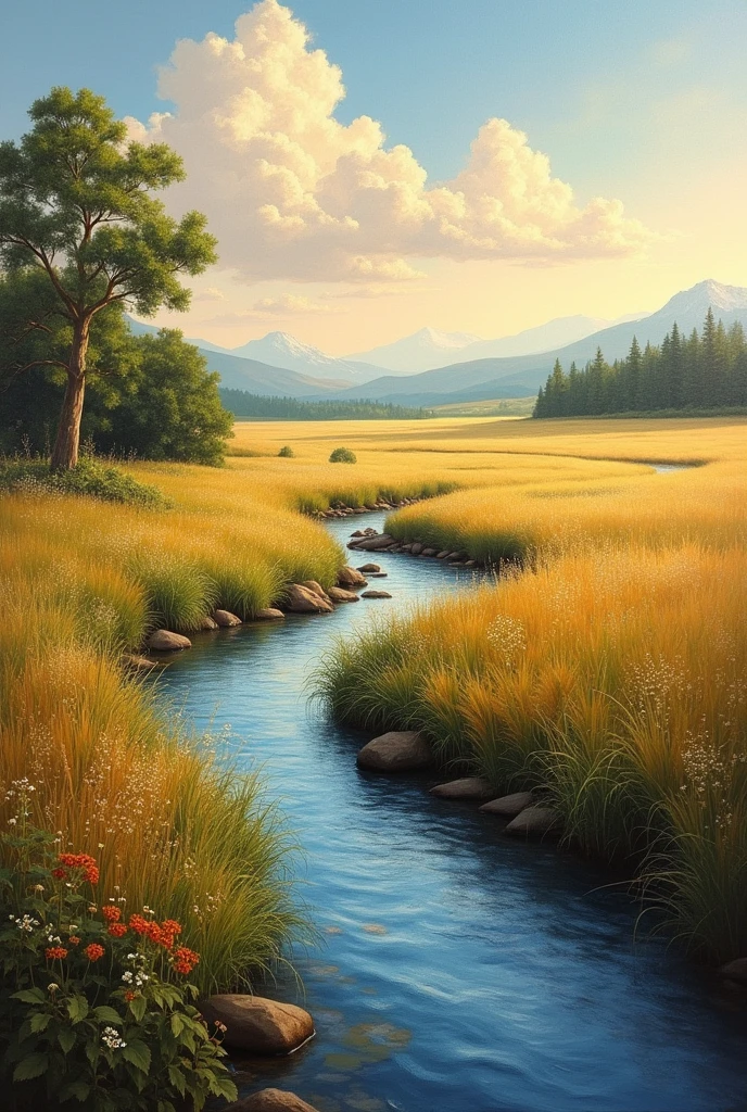field with river artistic painting