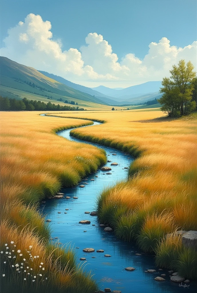 field with river artistic painting 