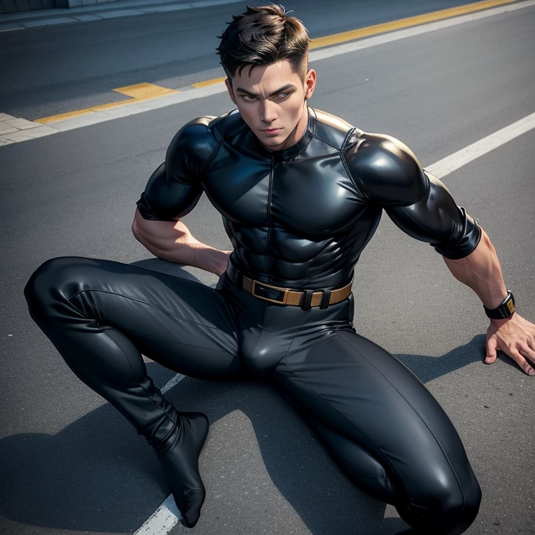 40 years old,One Man,、Handsome、Black bodysuit、Shocker Belt、tall、logic肉質、concrete　logic,Gay ,Very short hair。Sit on the ground with your legs spread in an M shape、The crotch area of the pants is bulging、Black socks　Showing off the soles of your feet