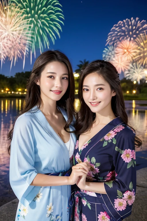 ((masterpiece, 最high quality, Super Definition, High resolution)), alone, beautiful girl, Shining Eyes, Perfect Eyes, Beautiful Japanese sisters, Fluffy breasts, Cleavage, 背景には夜のfirework, high quality, 4K, Floral Yukata, firework