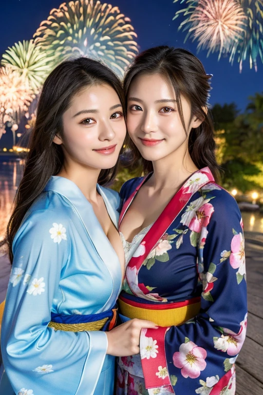 ((Best Masterpiece)), ((High Quality)), ((Real)), ((8k)) Yukata, Japan Yukata, Fireworks Display, Japan persons, 24 years old, 2 Beauty, Slender, Open chest, cleavage, Sony SLR photography, 1 Long hair, 1 Short hair, Looking at camera, Yatai,Smiling, Night, Background realistic, Photography, Pink yukata, Light blue yukata, 1 Big Beauty, 1 Small Beauty, Mole under the eyes, Mole at the mouth, No bra, nipple