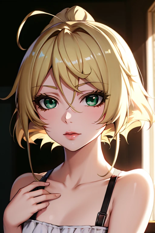 anime style hand drawn, 1 blonde girl with blond hair pulled back, there is no bangs, Beautiful face, ((Green eyes)), common pose, medium length shoulder length hair, (lightroom:1.13), soft light, (natural skin texture:1.2), sharp focus, concentrated, looks at the camera, full face