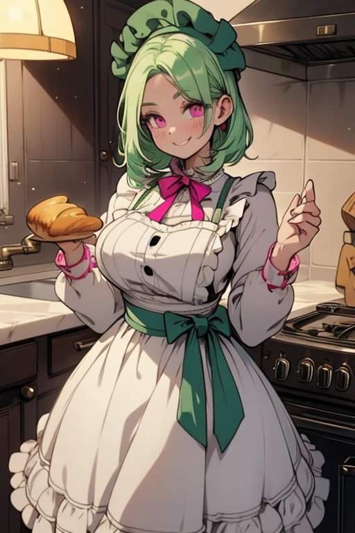 Perfect face. Perfect hands. A light green haired woman with pink eyes with an hourglass figure in a Lolita maid dress is smiling while baking bread in a fancy kitchen