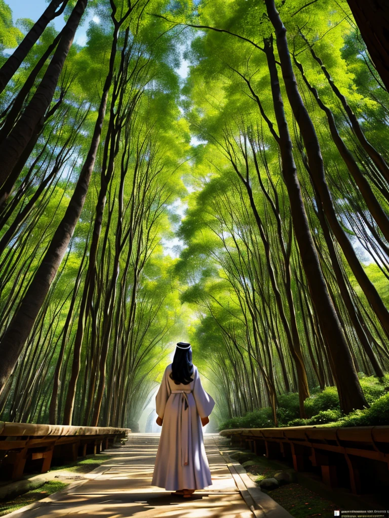 create a 4d caricature of a 30 year old Muslim woman wearing a robe, her face is very beautiful, an Indonesian woman, walking under the shady trees around the park enjoying the beautiful natural beauty, while raising both hands and praying with the words "MAKA NIKMAT TUHANMU YANG MANA LAHI YANG KAU DUSTAKAN" the lighting is not too hot but shady