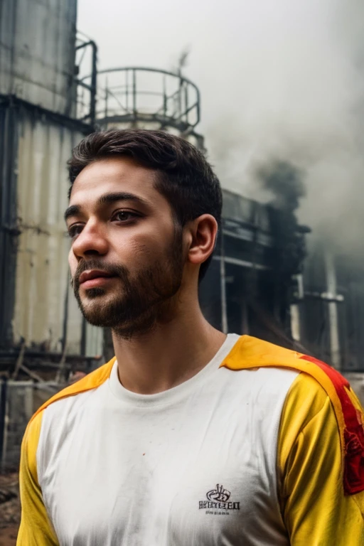 Man in Amman machinery suit, red and gold, Highly detailed abandoned warehouse background, detailed face, Complex busy background details, tangle, beautiful, milk, Fine skin, realistic skin details, visible pores, Sharp focus, Fog amount, 8k uh, DSLR camera, High quality, Film texture, white skin, Optical Realism, Lomography, A dystopian metropolis of the future, View from below, translucent