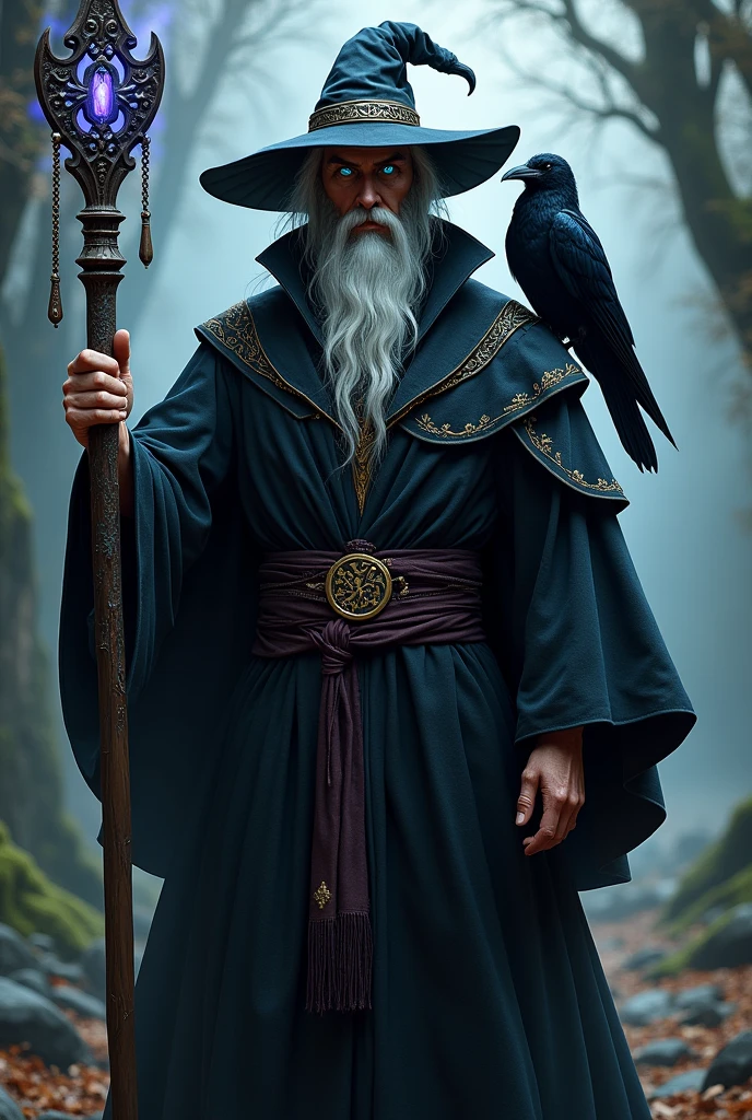 Human wizard with vibrant blue eyes, black robe, Big hat,staff,crow