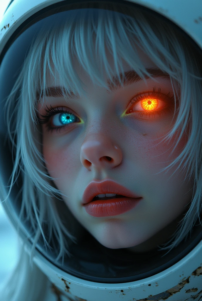 (Close-up of a better masterpiece:1.5)0.9], (Space and astronauts:1.2) (Messy silver hair:1.1) (Heterochromia xanthochromia and blue eyes:1.2) (Space Helmet:1.0) (Colored stars in the eyes:1.0) (A radiant glow:1.1) (thick lips:0.9)