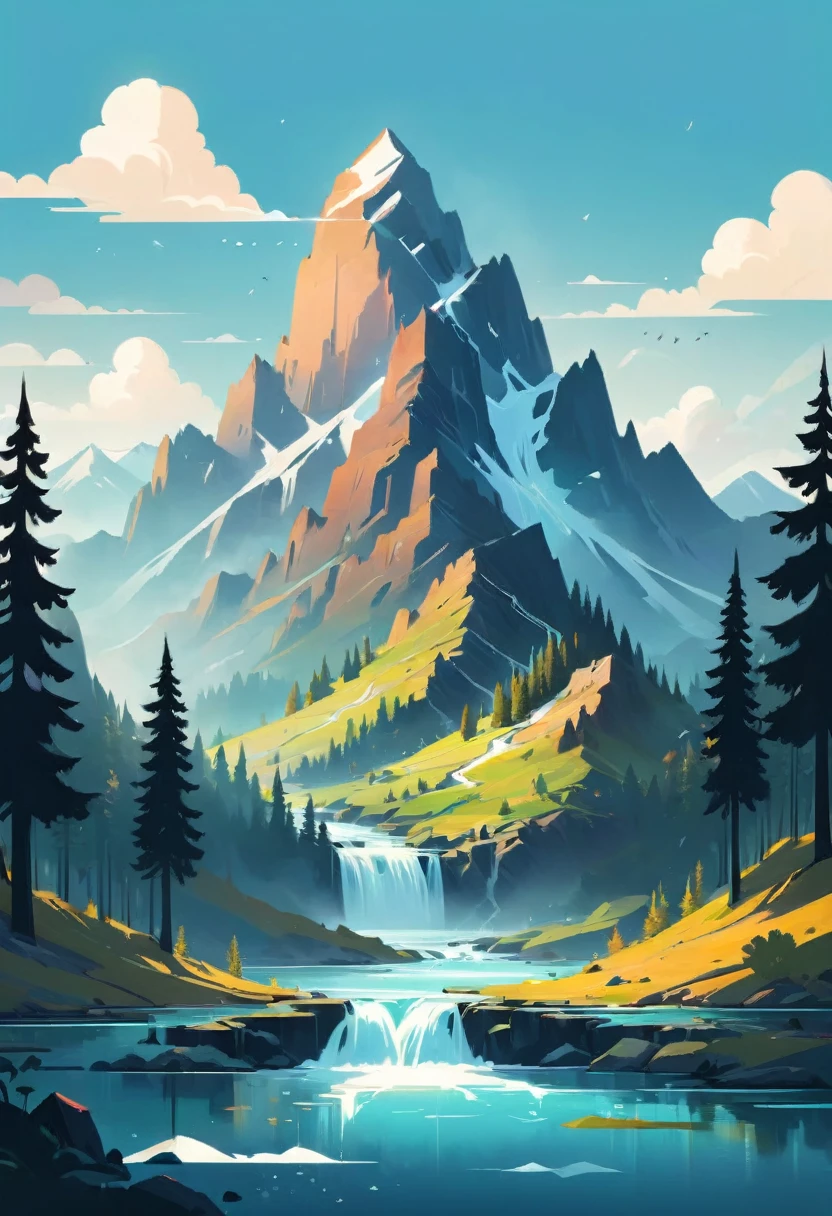 impressive painting of a mountain with trees and water, a detailed painting by Petros Afshar, shutterstock contest winner, environmental art, detailed painting, outlined art, 2d game art, isolated background for logo, strong contours, logo design