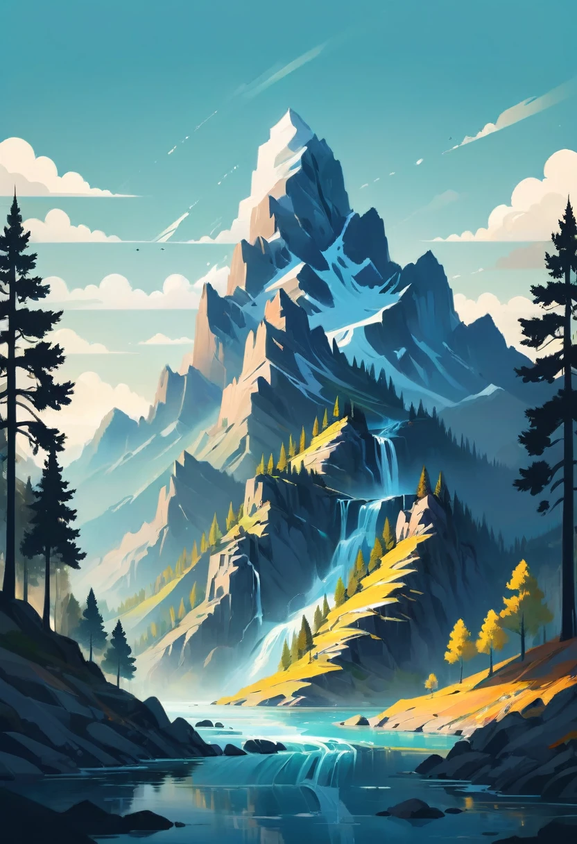 impressive painting of a mountain with trees and water, a detailed painting by Petros Afshar, shutterstock contest winner, environmental art, detailed painting, outlined art, 2d game art, isolated background for logo, strong contours, logo design