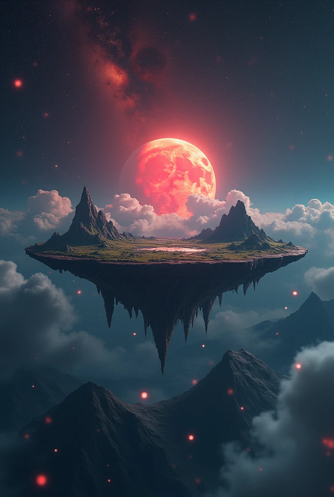 Flat world with visible light particles floating in the air around it with a red moon in the background.