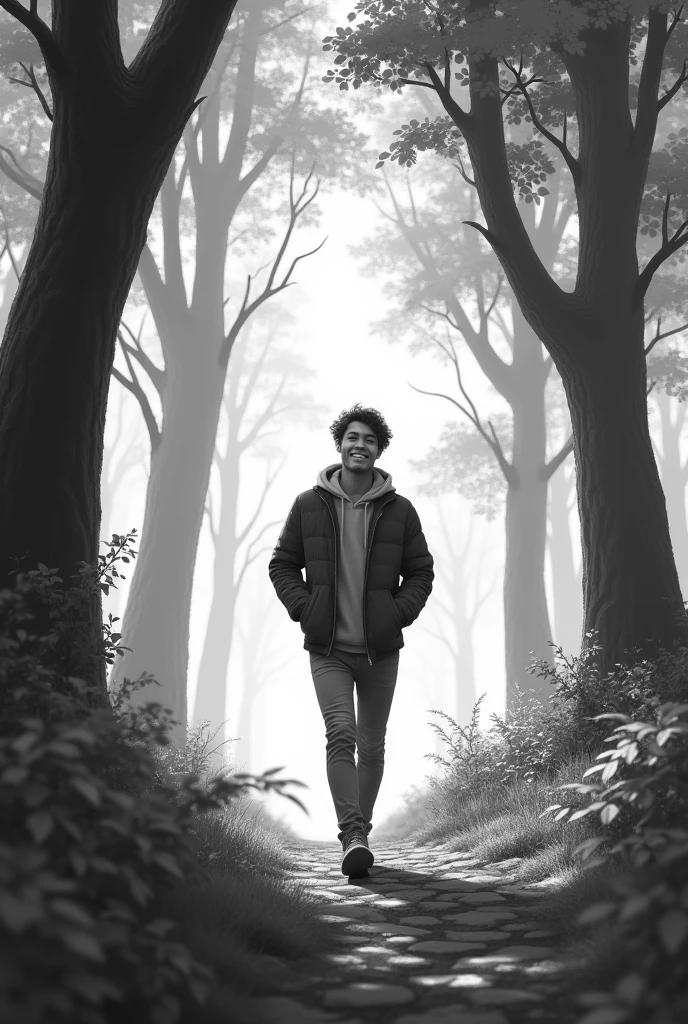 Make a black and white image of a young man happy to live and walking backwards through a forest full of beautiful trees without any worries 