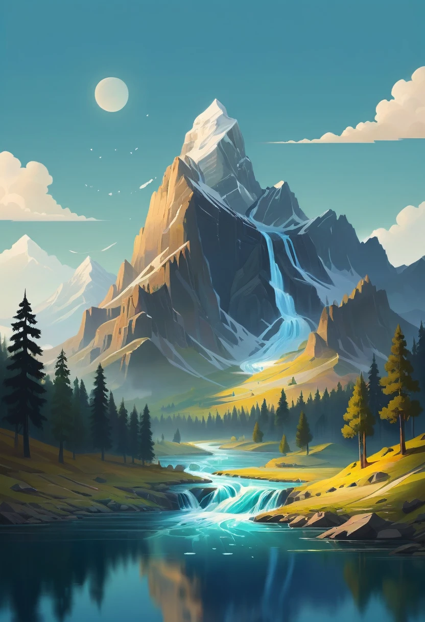impressive painting of a mountain with trees and water, a detailed painting by Petros Afshar, shutterstock contest winner, environmental art, detailed painting, outlined art, 2d game art, isolated background for logo, strong contours, logo design
