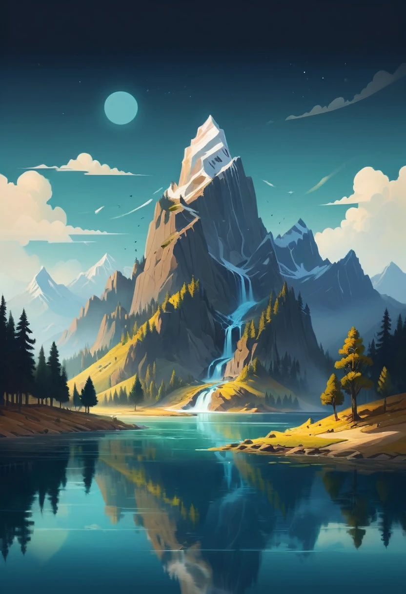 impressive painting of a mountain with trees and water, a detailed painting by Petros Afshar, shutterstock contest winner, environmental art, detailed painting, outlined art, 2d game art, isolated background for logo, strong contours, logo design