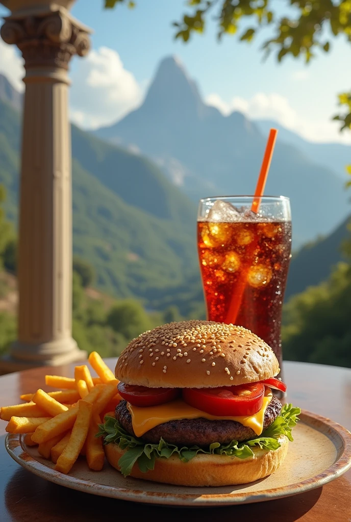 image for computer wallpaper with the theme of Mount Olympus and a table with burger and fries snacks and soda with a straw and the title on the glass (Athena's burgher) in the theme of Greek mythology with Olympian gods in the background