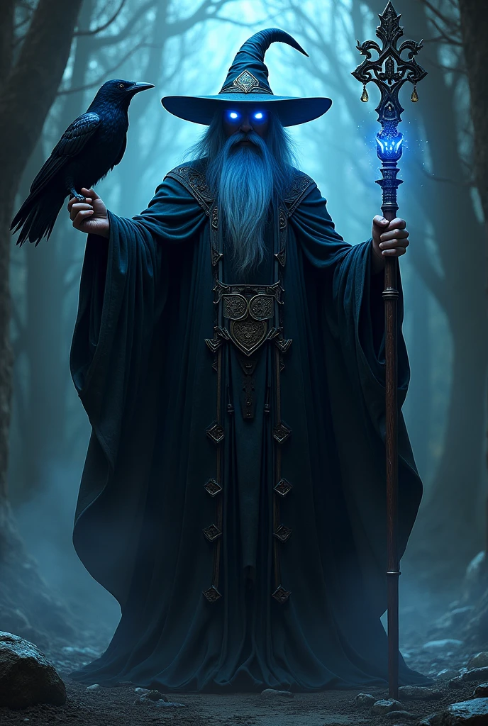 Human wizard with vibrant blue eyes, black robe, Big hat,staff,crow