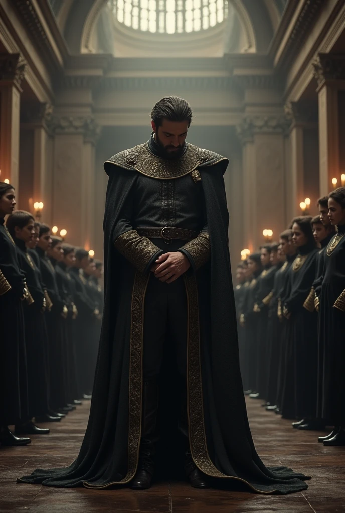 The king is on trial before the people. The king bows in sorrow while handcuffed.