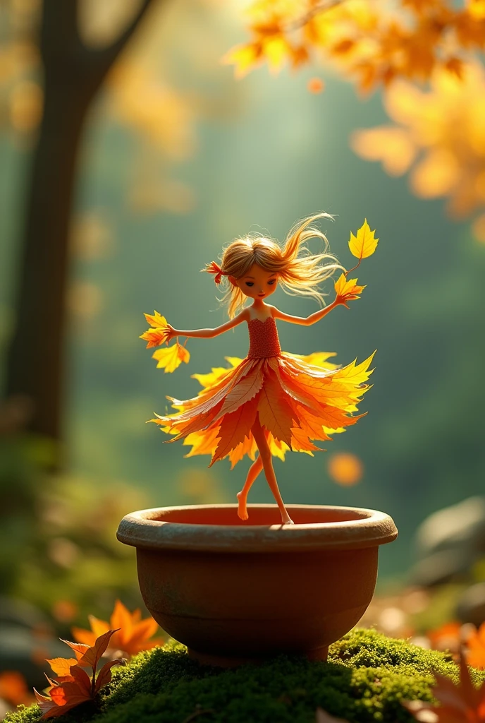 A whimsical miniature figure composed
of delicately arranged autumn leaves,
poised in a carefree dance on the rim of
a weathered, moss-covered terracotta
pot, set against a lush, vibrant forest
backdrop, where dappled sunlight filters
through the canopy above, casting
intricate shadows, The overall aesthetics
is ethereal, with warm. earthy tones of
sienna, number, and olive green, infused
with hints of emerald and golden light,