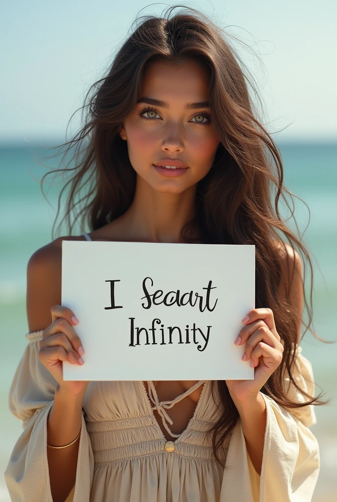 Beautiful girl with wavy long hair, bohemian dress, holding a white board with text "I Love Seaart Infinity" and showing it to the viewer