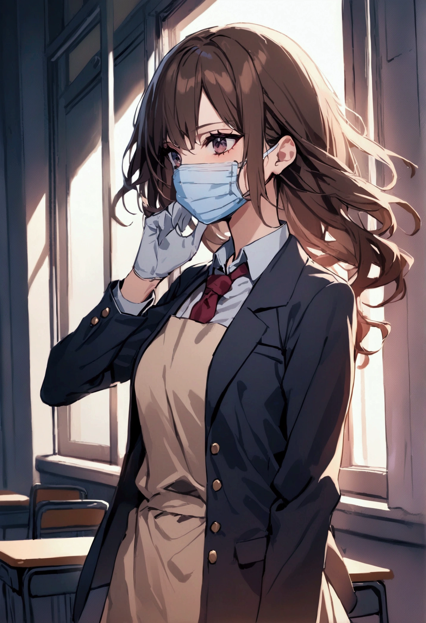 Classroom Background, bloody, school blazer, school uniform, surgical apron, medical gloves, surgical mask, 1girl, brown hair, shining hair,