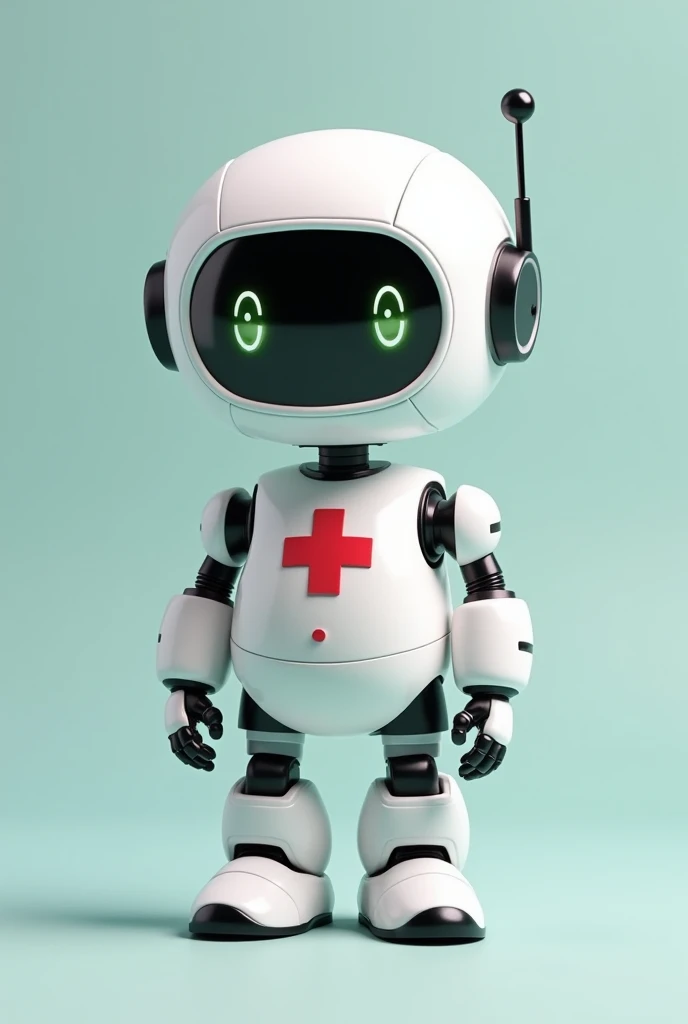 Chubby little friendly robot with a medical cross on his chest wearing a white shirt