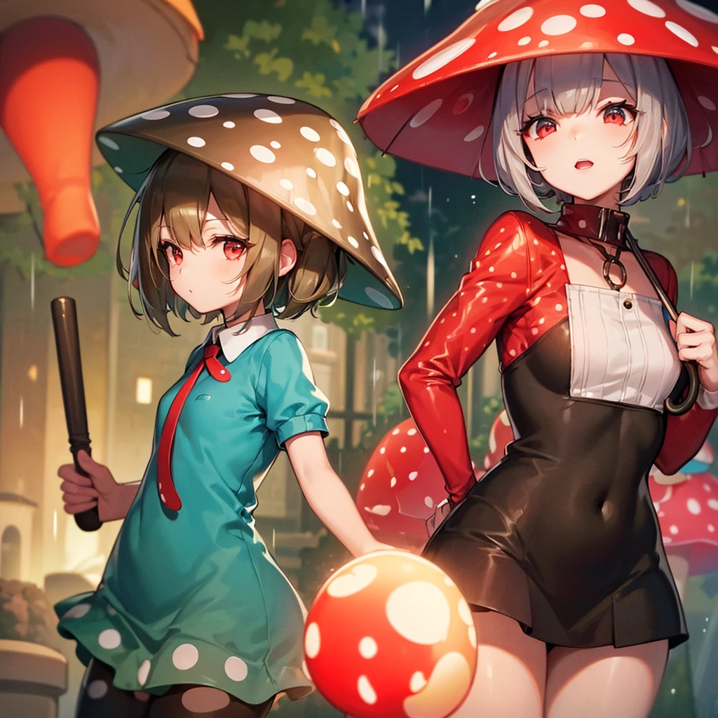 Humanization mushroom . (Girl in a mushroom cap, rainy weather , and tights in "polka dot" , with umbrella . ) . In red color (fly agaric)