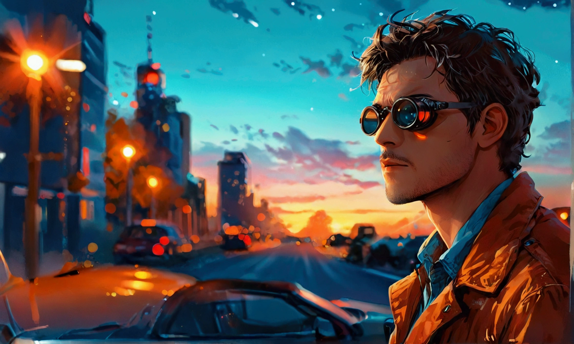 A MAN WITH BINOCULARS AT NIGHT LOOKING AT A CAR,A MAN WITH BINOCULARS AT NIGHT LOOKING AT A CAR,manga style art,manga style art,manga style art,manga style art