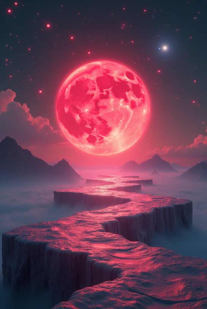 Flat world with visible light particles floating in the air around it with a red moon in the background.