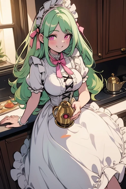 Perfect face. Perfect hands. A light green haired woman with pink eyes with an hourglass figure in a Lolita maid dress is smiling while making tea in a fancy kitchen