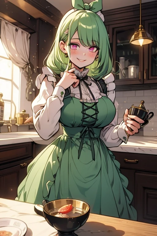 Perfect face. Perfect hands. A light green haired woman with pink eyes with an hourglass figure in a Lolita maid dress is smiling while making tea in a fancy kitchen