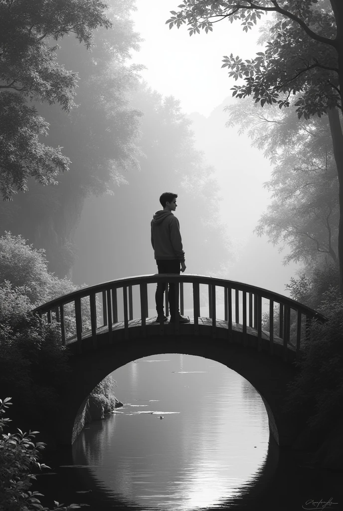 Make a black and white image of a young man standing on a bridge admiring nature full of hope for the future