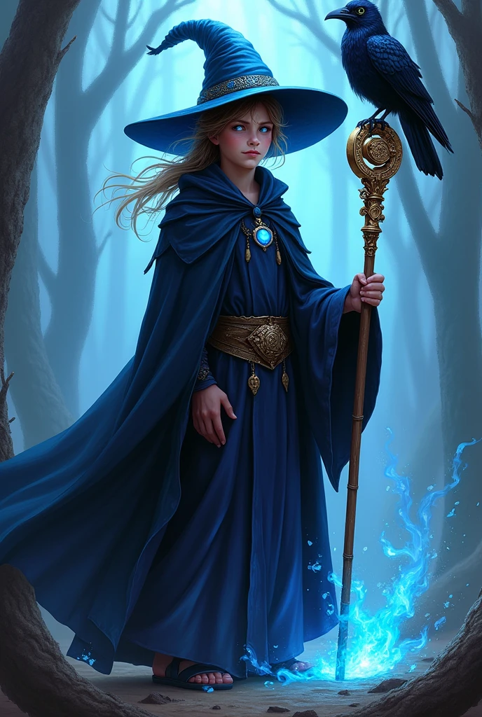 Young Human Wizard,vibrant blue eyes, black robe, Big hat,staff,crow