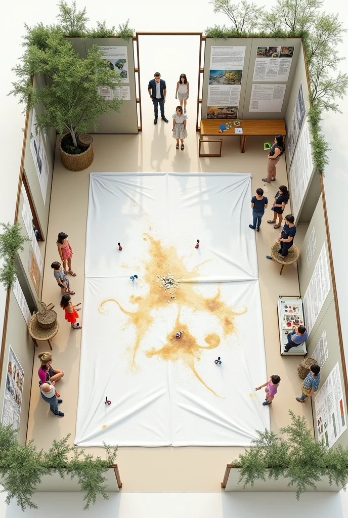 Help me create an architectural plan of a room. En esFacing sala se va a exponer una obra de arte interactiva que consiste en el arte del ecoprint. The idea is that in the room there is a white cloth either on the floor or hanging and that next to it there are materials such as sheets of paint and brushes for people to work on.. La idea es que las personas hagan un obra conjunFacing en la tela la cual se expondrá. La idea es que ne la sala alrededor Facingmbién haya contenido explicativo sobre el ecoprint, on sustainable fashion, etc. Facing,bien que alrededor de la sala haya maniquíes con vestidos que tengan esFacing técnica. I need a plan that explains all this.. An architectural plan with measurements and position of the objects I want it to be a paper plan A PLANNING PLAN show me only the information panel