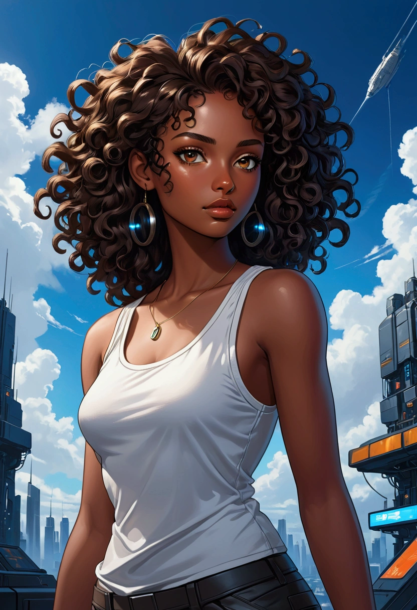 Make a character with curly hair, famale, brown eyes, well-drawn and structured hands, full lips, relaxed style eyes, Black skin, wearing a white tank top, cyberpunk scenary, dark blue sky, WizardLM-2 8x22B style art, realism art, smooth art, smooth art, Blassian woman