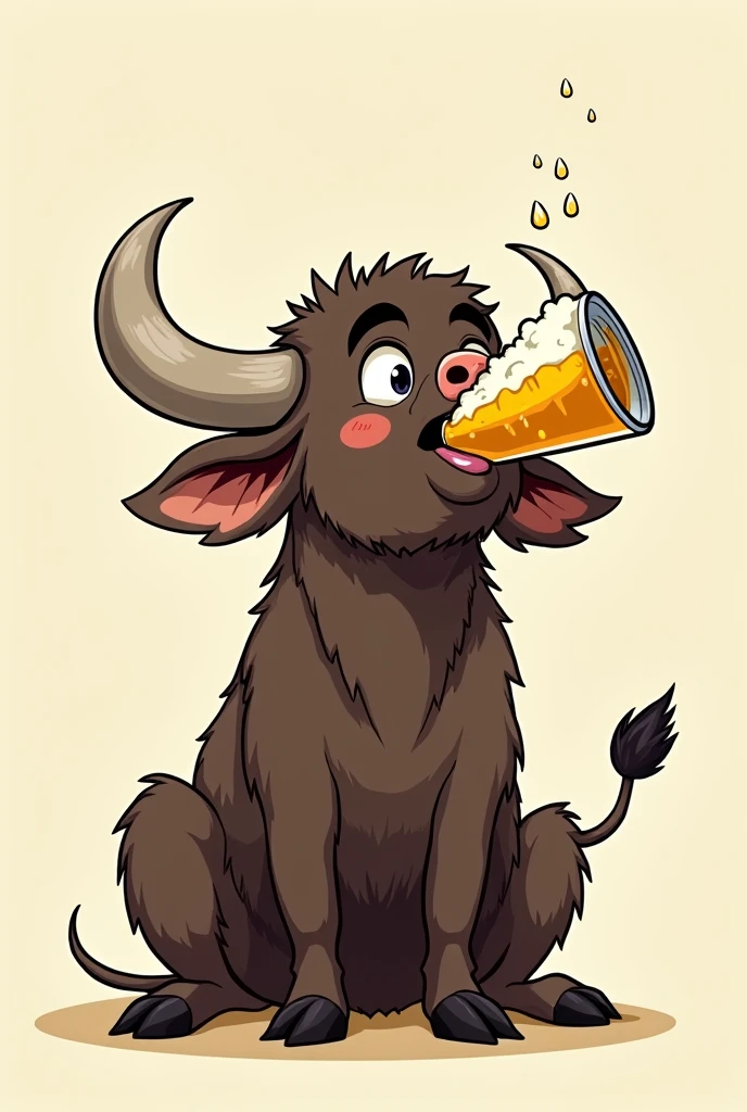 Cartoon of a buffalo sideways just drinking beer with mouth open
