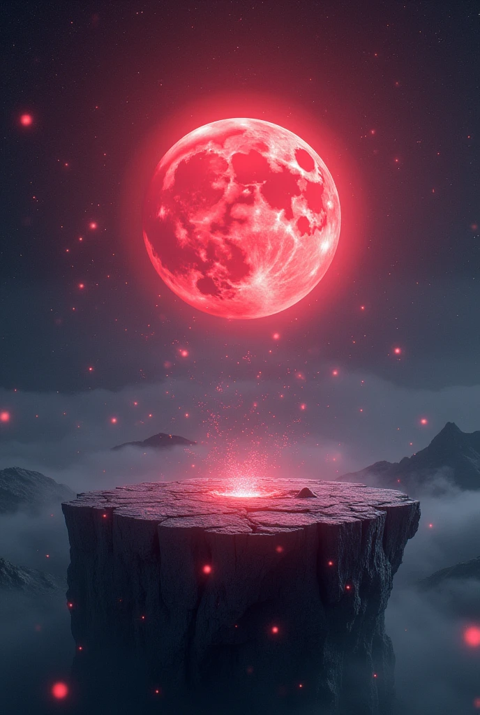 Flat world with visible light particles floating in the air around it with a red moon in the background.