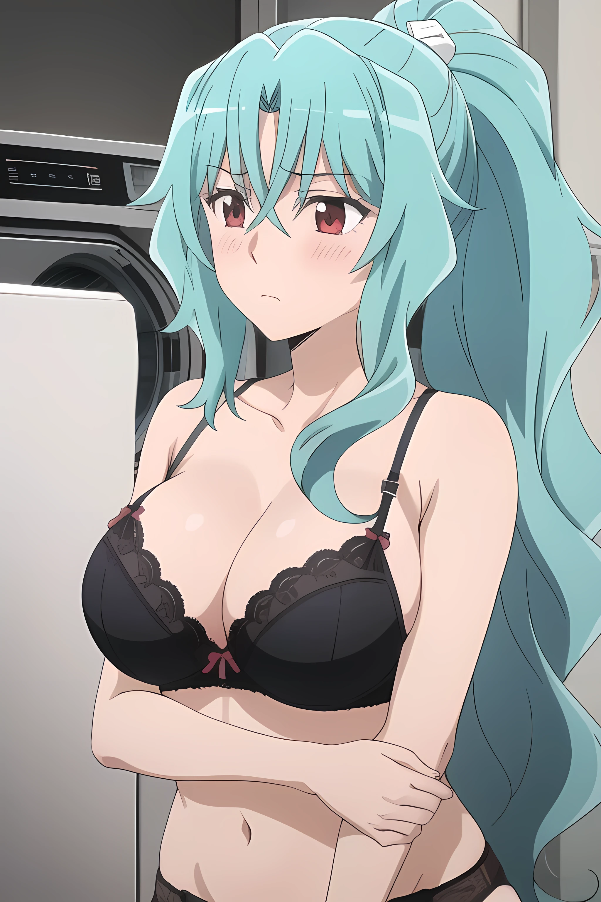 1girl, female, solo, masterpiece, high quality, huge breasts, shining breasts, perky tits, blush, tomoe, aqua hair, long hair, ponytail, hair between eyes, black lace bra, black lace panties, black lace lingerie, washing machine, in laundry