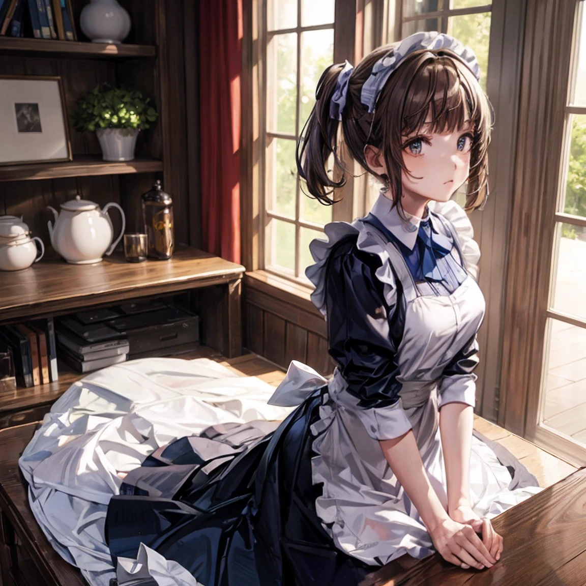 A woman is wearing a maid's uniform and standing backwards on the floor, alone, ((Stick your ass out here)), (shiny dark pink satin panties:1.3), Lift up the hem of your skirt with both hands, Lift up your skirt, Punishing, Show your butt to the audience, Embarrassed face, Watery eye