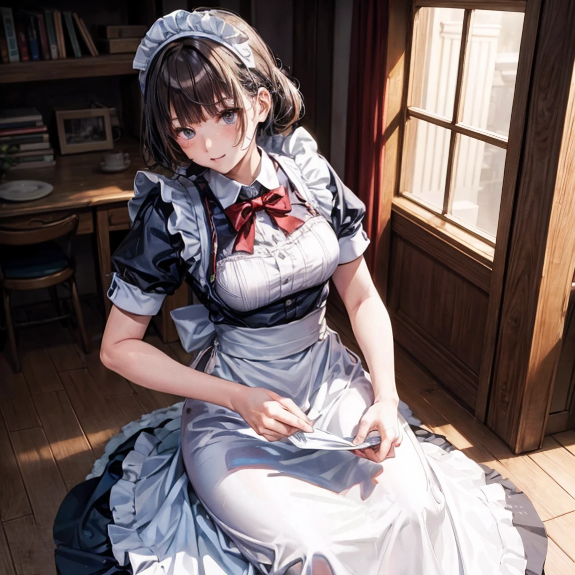 A woman is wearing a maid&#39;s uniform and standing backwards on the floor, alone, ((Stick your ass out here)), (shiny dark pink satin panties:1.3), Lift up the hem of your skirt with both hands, Lift up your skirt, Punishing, Show your butt to the audience, Embarrassed face, Watery eye