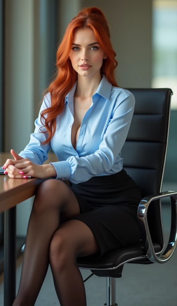 (full body shot:1.5) photorealistic image of a (sitting pose:1.1) woman, ultra realistic, photography, long red hair, girl, 24 years old, hourglass figure, perfect body, Flirty look, natural big breasts, blur background, sitting in an office behind a desk, wearing a tight light blue shirt, the shirt is buttoned up a bit to show cleavage, she wears a black skirt and tights, she wears elegant high heels, her legs are crossed, her hair is in a ponytail