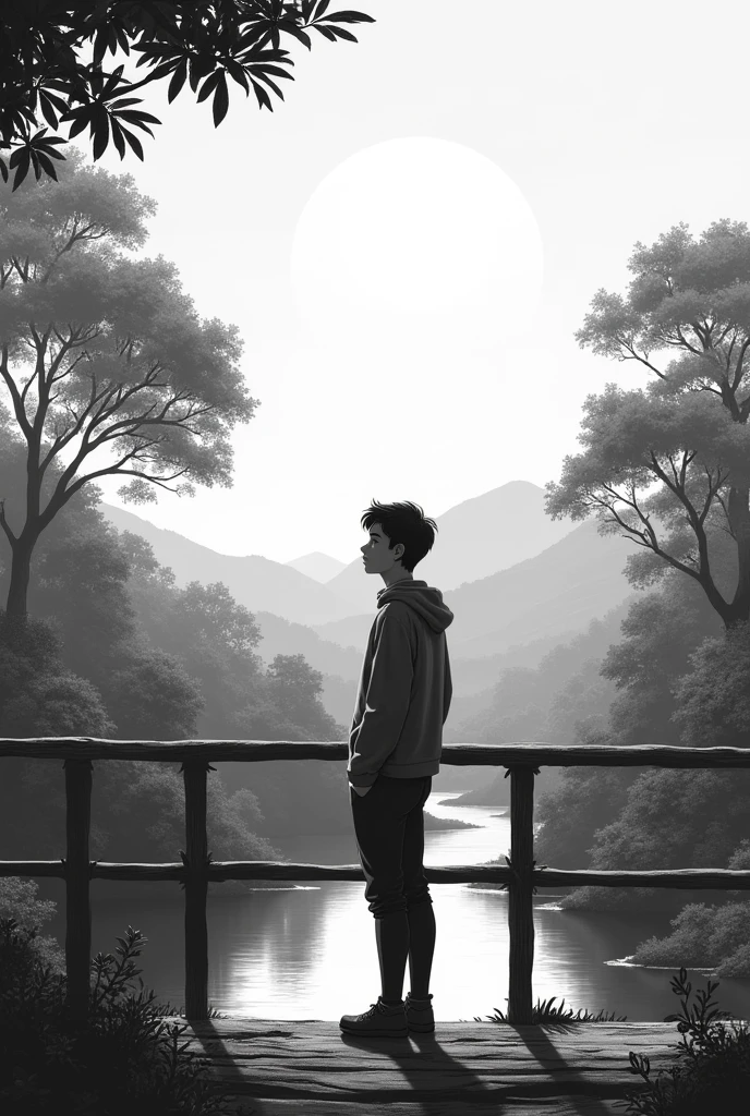 Make a black and white image of a young man standing on a bridge admiring nature full of hope for the future