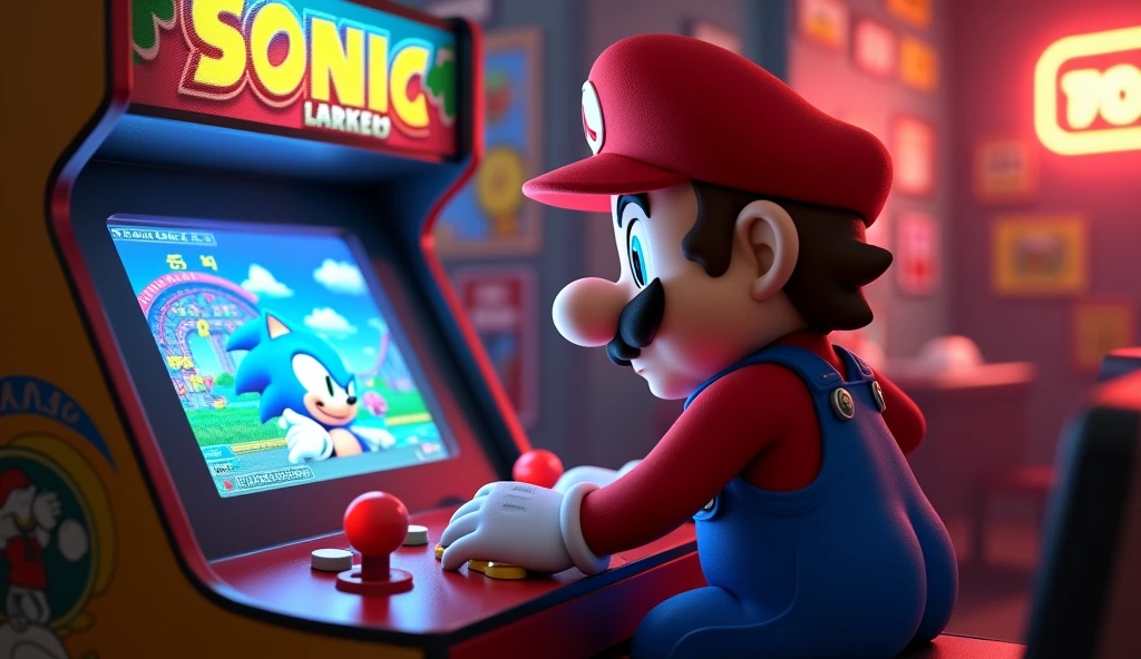 Mario playing arcade of sonic