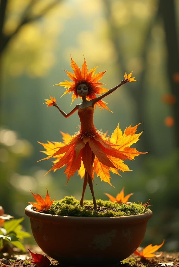 A whimsical miniature figure composed
of delicately arranged autumn leaves,
poised in a carefree dance on the rim of
a weathered, moss-covered terracotta
pot, set against a lush, vibrant forest
backdrop, where dappled sunlight filters
through the canopy above, casting
intricate shadows, The overall aesthetics
is ethereal, with warm. earthy tones of
sienna, number, and olive green, infused