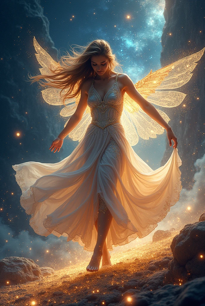 (Celestial Dancer:1.4), (fantasy art style:1.4), (masterpiece:1.4, best quality), (photo realistic:1.4), graceful figure dancing amidst the stars, flowing robes adorned with constellations and cosmic dust, intricate and delicate jewelry glimmers with starlight, (ethereal and captivating expression:1.2), long, flowing hair that moves with the rhythm of the universe, celestial wings shimmering with iridescent hues, dynamic and fluid pose, dancing on a shimmering path of stardust, (deep space background:1.4), (vibrant nebulae:1.2), (glowing stars:1.2), rich textures, radiant light and shadow, (deep blues:1.2), (purples:1.2), (golden highlights:1.2), high-quality and detailed, enchanting atmosphere, otherworldly beauty, mesmerizing features, transcendent and unique, perfect image quality, divine and magical presence