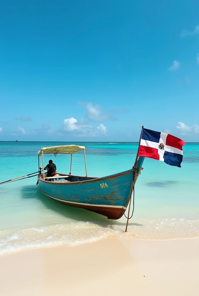boat on the beach with dominican flag