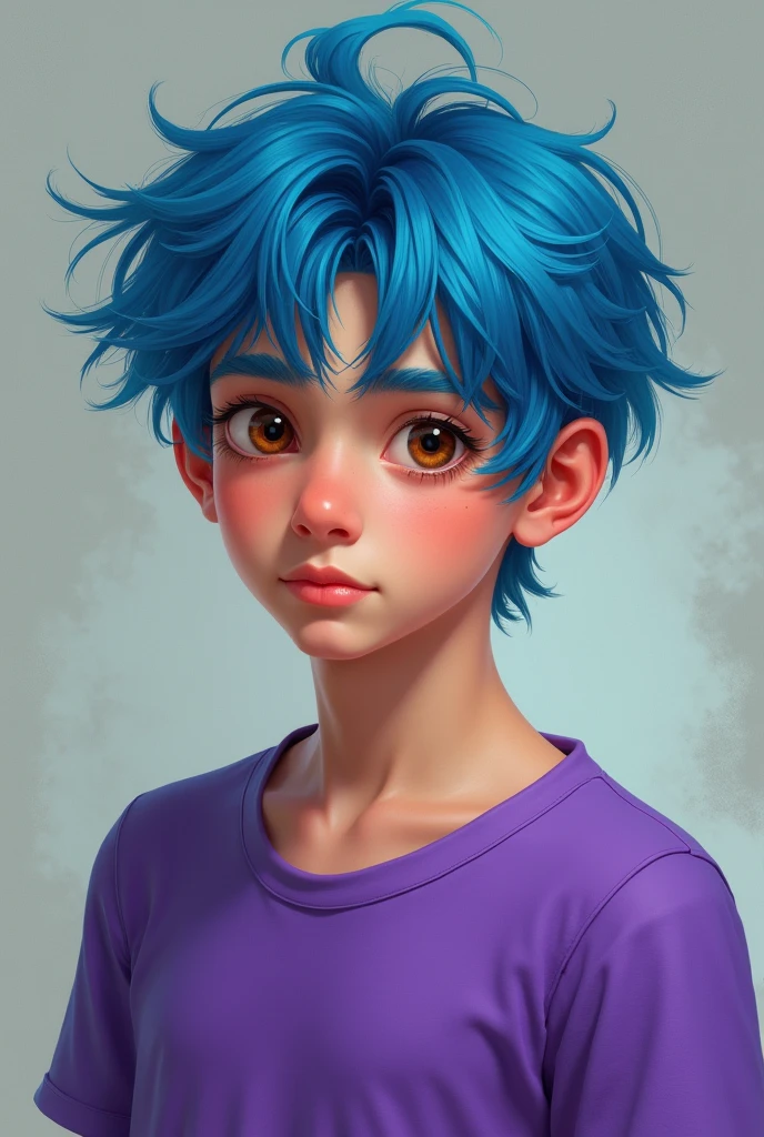 14 year old boy with blue hair and brown eyes wearing purple shirt