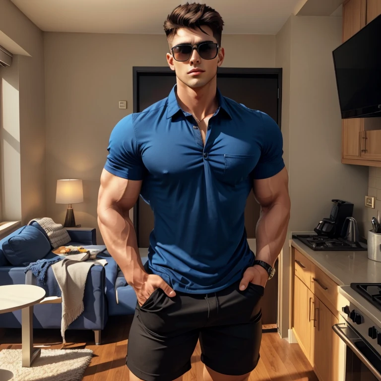 a very handsome young man, sunglasses, wearing a blue shirt and black shorts, vlp, hands in pockets, standing in an apartment