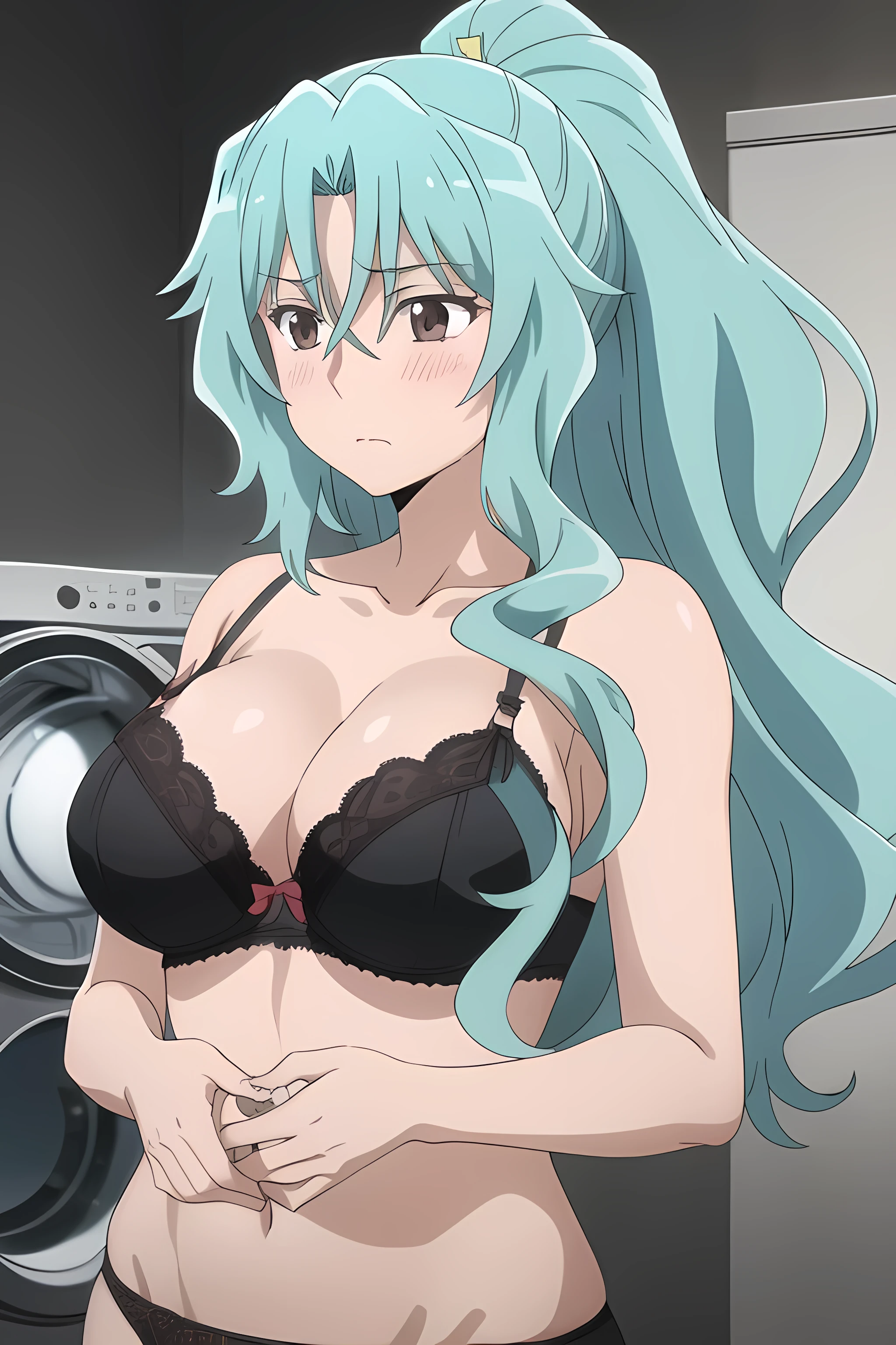 1girl, female, solo, masterpiece, high quality, huge breasts, shining breasts, perky tits, blush, tomoe, aqua hair, long hair, ponytail, hair between eyes, black lace bra, black lace panties, black lace lingerie, washing machine, in laundry, upper body