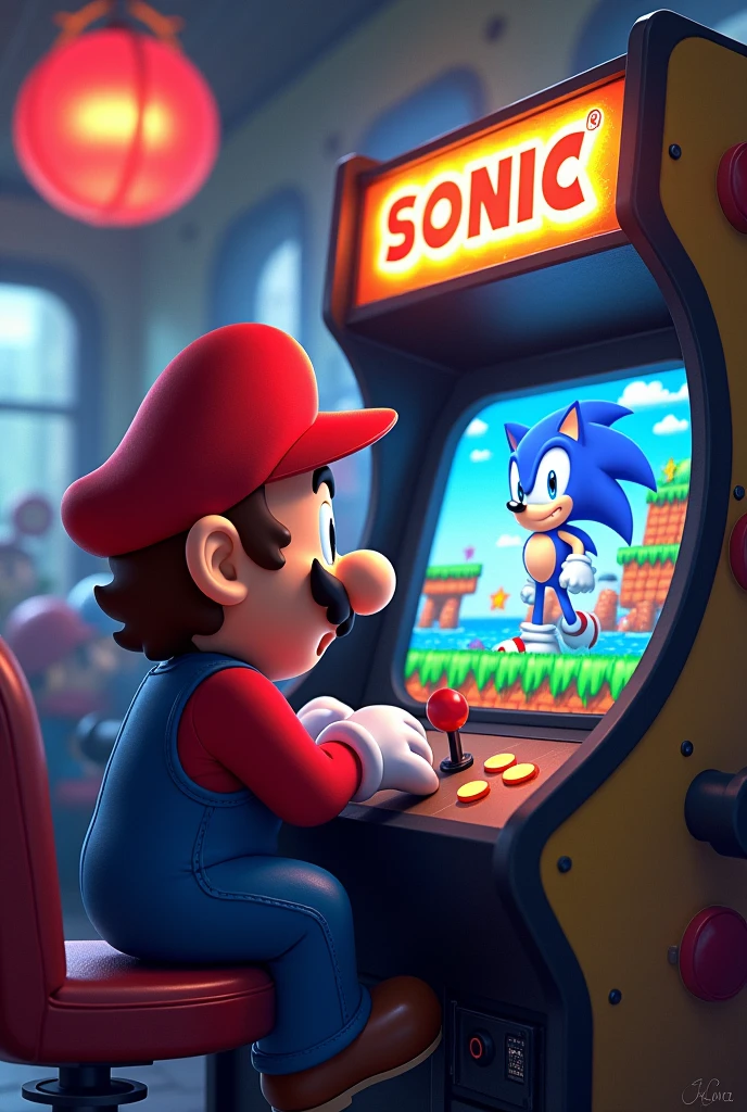Mario playing arcade of sonic