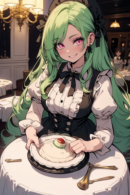 Perfect face. Perfect hands. A light green haired woman with pink eyes with an hourglass figure in a Lolita maid dress is smiling while setting a table in a fancy maid cafe